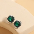 Vintage 14K gold plated square earrings with deep emerald green stones in silver finish - Green (Silver)