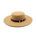 Classic camel wool boater hat with a black leather band and gold buckle accents - M (56-58cm) / Camel