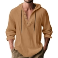 Detail view of khaki linen hoodie shirt featuring three-button placket and black drawstrings - Earthy Yellow