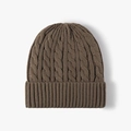 Thick cable knit beanie in dark brown with wide folded cuff for winter warmth - Camel
