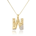 Detail of gold letter W pendant with hammered texture and zircon stones on chain - Letter W