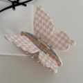 Macro detail of butterfly hair claw clip with pink gingham and tiny floral pattern - Cream Pink Butterfly