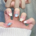 Blue and white French press-on nails with small rhinestones and a coffin shape design - By1471 Complements Each Other / Phototherapy Glue Style