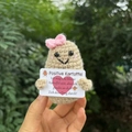 Handmade crochet positive potato doll with pink bow and German motivational card - Khaki Female Potato German Heart Card