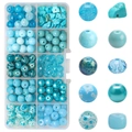 Blue gradient glass beads DIY jewelry kit in a clear 10-compartment plastic organizer box - Lake Blue Series approx 200pcs