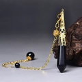Polished black obsidian hexagonal column crystal pendant with gold filigree and chain - Gold Black Agate