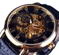 Forsining vintage skeleton mechanical watch with golden case and black leather strap - Black Strap Black Dial Gold Accents