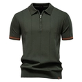 Polo da uomo in maglia verde scuro con polsini a righe arancioni e chiusura a zip - S / Stile con collo a zip / Verde Militare