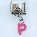 Italian charm link with a pink enamel letter P dangle on a silver steel base - Letter P