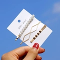 Three-piece golden pearl hair clip set with geometric and wave designs on white card - Style 12# (3-Piece Rhombus Pearl Wave Set)