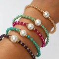 Five-piece layered pearl bracelet set with colorful faceted beads on a woman's wrist - 5-Piece Set / Multicolor