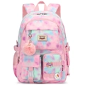 Close-up of pink, purple, and blue tie-dye backpack with plush pendant and pockets - With Pink Fur Ball / Phantom Pink