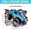 3D monster truck wall sticker with green dinosaur design and purple wheels, 45x35cm size - Dino Monster Truck (CT24Y11556J_R) / 45cmx35cm