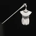 Silver Hmong ethnic hair stick with feather tassels and intricate hollow carvings - 11-Silver Fan Hairpin