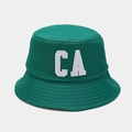 Detailed close-up of white CA letter embroidery on a forest green cotton bucket hat - M (56-58cm) / Green
