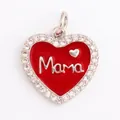 Red enamel heart charm with Mama text and white cubic zirconia border for DIY jewelry - Heart Mama-White Gold-Red Enamel