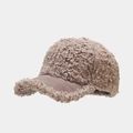 Close-up of winter teddy fleece baseball cap with soft lamb wool and suede brim detail - Adjustable / Khaki