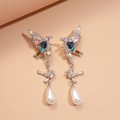 Detalle de pendientes de pájaro con circonitas de colores y perlas de gota - Plata (Pin de plata)