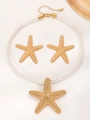 Golden starfish jewelry set with woven rope necklace and matching stud earrings - Gold Starfish Jewelry Set (Necklace + Earrings)