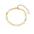 Golden round laser charm bracelet with white baroque pearls and adjustable lobster clasp - Bracelet