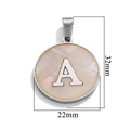 Stainless steel round shell pendant with letter A, mother of pearl inlay, 22mm diameter - Steel A