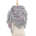 Gray plaid oversized triangle scarf with red and blue stripes and fringe tassels - 135x135x200cm / SJ-31# Light Grey