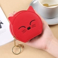 Red cat mini coin purse in lychee grain PU leather with golden keychain and embroidery - Red