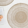 Natural light brown round jute placemat with white stitching and fringe detail - 38cm / White Small Radiation