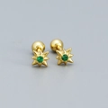 Golden eight-pointed star stud earrings with green gemstone and secure screw-back design - Golden (Green Stone)