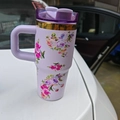 304 stainless steel tumbler with purple handle and pink floral 3D print pattern - 14oz / Purple - Floral Pattern 2