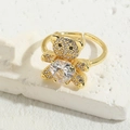 Elegant 14K gold plated teddy bear ring with heart shaped zircon in adjustable style - White