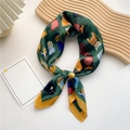 Dark green silk square scarf with cute cat patterns and mustard yellow border - Cat Print Green