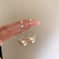 Golden triangle stud earrings with clear crystals and champagne pearl drop accents - 65# Triangle Champagne Large Pearl Style