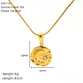 Detailed view of gold tarot necklace pendant with dimensions and stainless steel 304 specs - 304 Stainless Steel / 18K Gold Plated / Cubic Zirconia / Moon Stars Medallion Style (SP611G)
