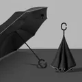 Black double-layer inverted umbrella with C-shaped handle and reflective safety edge - Obsidian Black (Reflective Strip) - Manual Inverted