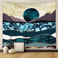 Detail of modern abstract tapestry featuring mountain landscape with marble texture and moon - Cyan & Gold Moon Style (QY428-48)
