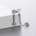 Silver bow and key earrings with pink heart pendant and clear crystals on a white pedestal - Bow Key Heart Zircon (A36-6#)