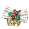 Mini beige and brown plaid Christmas bow with green leaves, red berries and gold bells - Christmas Style 1