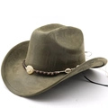 Olive green suede cowboy hat with ethnic beaded band and wide brim on white background - Army Green