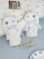 Detail of plush mittens with blue bow, lace trim, and pearl beads on soft white faux fur - Ice Blue Bow Button (ST-0062)