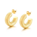 Elegant gold ribbed C-shape titanium steel hoop earrings with a polished metallic finish - Transverse Ribbed Style (KE109227-MI) / Gold