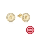 Classic S925 sterling silver gold-plated round stud earrings with star-set zircon stones - Round Star / Gold