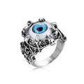Detailed close-up of gothic punk skull ring featuring a blue evil eye in vintage silver - Evil Eye (R-69)