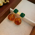 Vintage geometric resin earrings with deep green enamel and amber round beads - 1# Square Green/Brown Patchwork