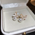 Golden bow earrings with white enamel, zircon accents and pearls in a jewelry box - 39# Gold Artificial Pearl Bowknot