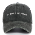 Adjustable washed black cotton baseball cap with white 'MY DOG IS MY SHRINK' embroidery - Army Green
