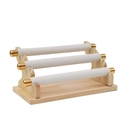Three-tier jewelry display stand with white velvet bars and natural wooden base - White