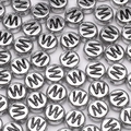 Flat round silver acrylic alphabet beads with black letters for DIY jewelry making - Letter W