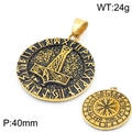 Golden Viking Mjolnir and Vegvisir rune pendant in stainless steel, 40mm diameter - Gold Color Round Pendant (KP120065-MZOZ)