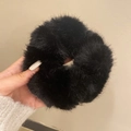 Plush black faux mink fur scrunchie with soft texture and large oversized design - Black